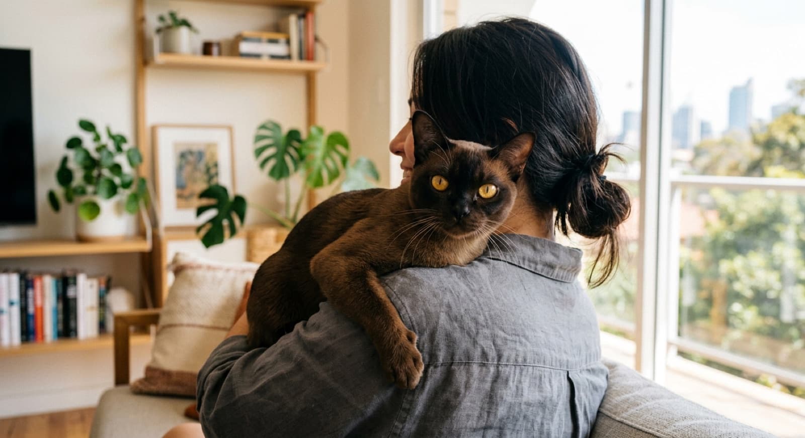 A Burmese cat curled up close to a person, illustrating the breed's affectionate, dog-like temperament and need for companionship for Brisbane owners