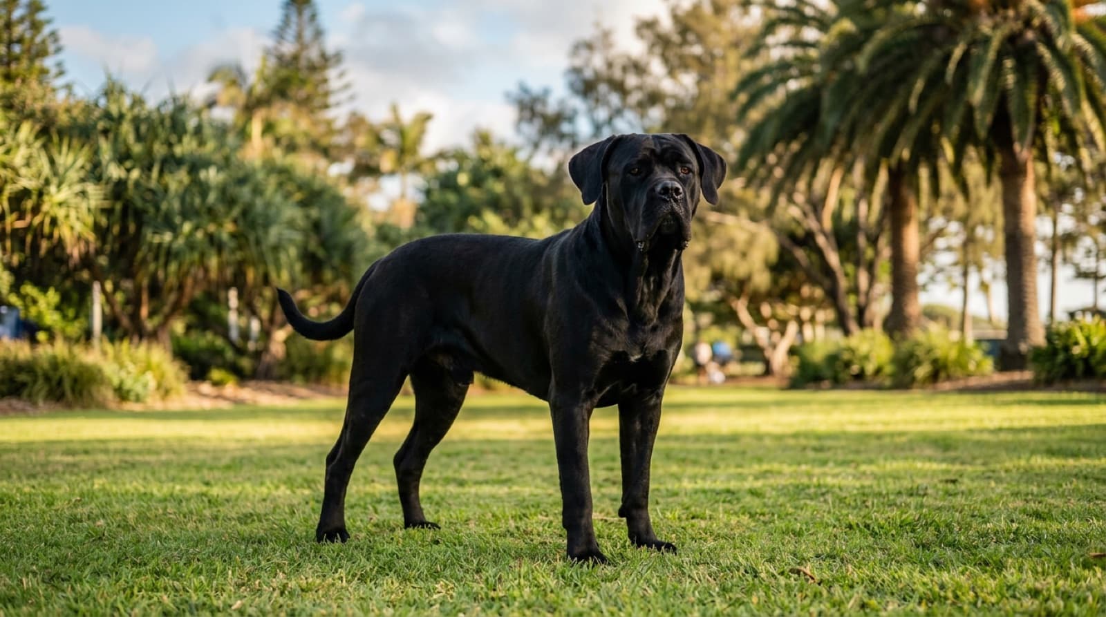 A large muscular black Cane Corso with natural floppy ears standing calm and alert on grass in a sunny Gold Coast park, representing the powerful Italian guardian dogs occasionally available for adoption across the Gold Coast and Queensland rescues