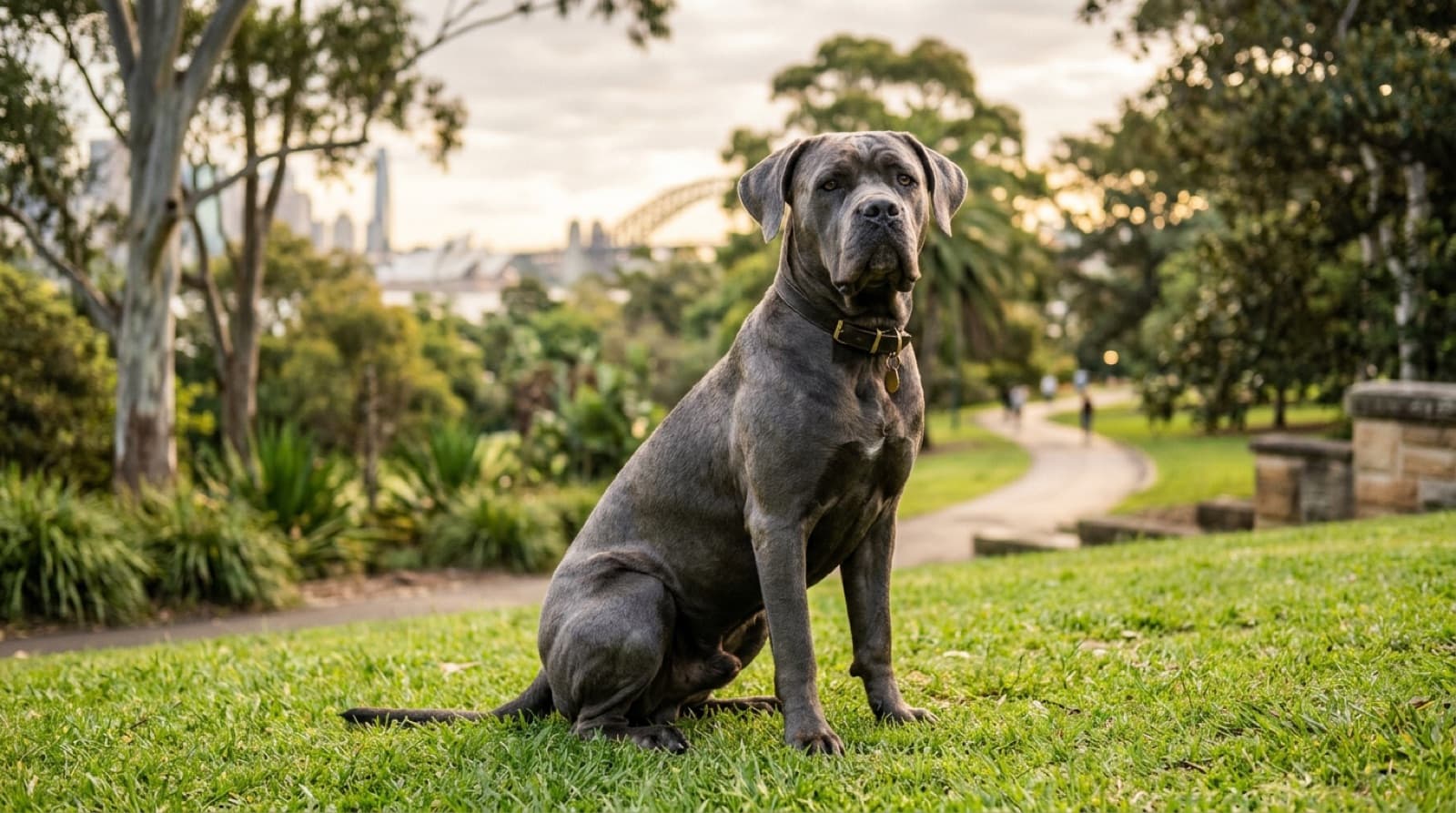 A large muscular black Cane Corso with natural floppy ears standing calm and alert on grass in a sunny Sydney park, representing the powerful Italian guardian dogs occasionally available for adoption across Sydney and NSW rescues