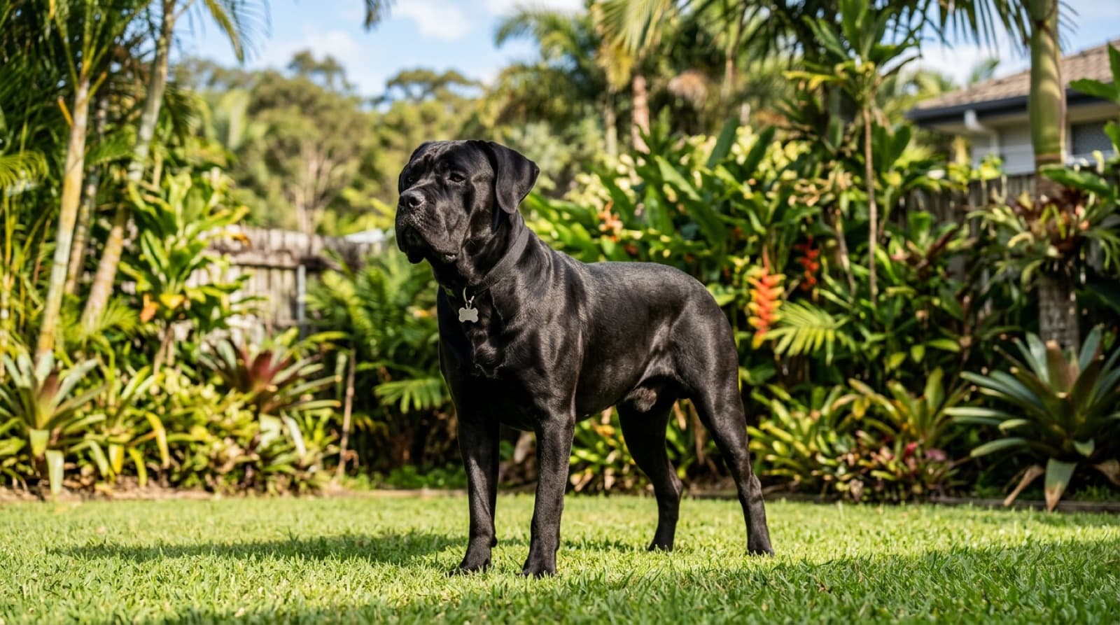 A large, healthy black Cane Corso standing calmly beside its owner on grass in a sunny Gold Coast park, a powerful deep-chested guardian breed whose joints and deep chest are the key health risks to watch