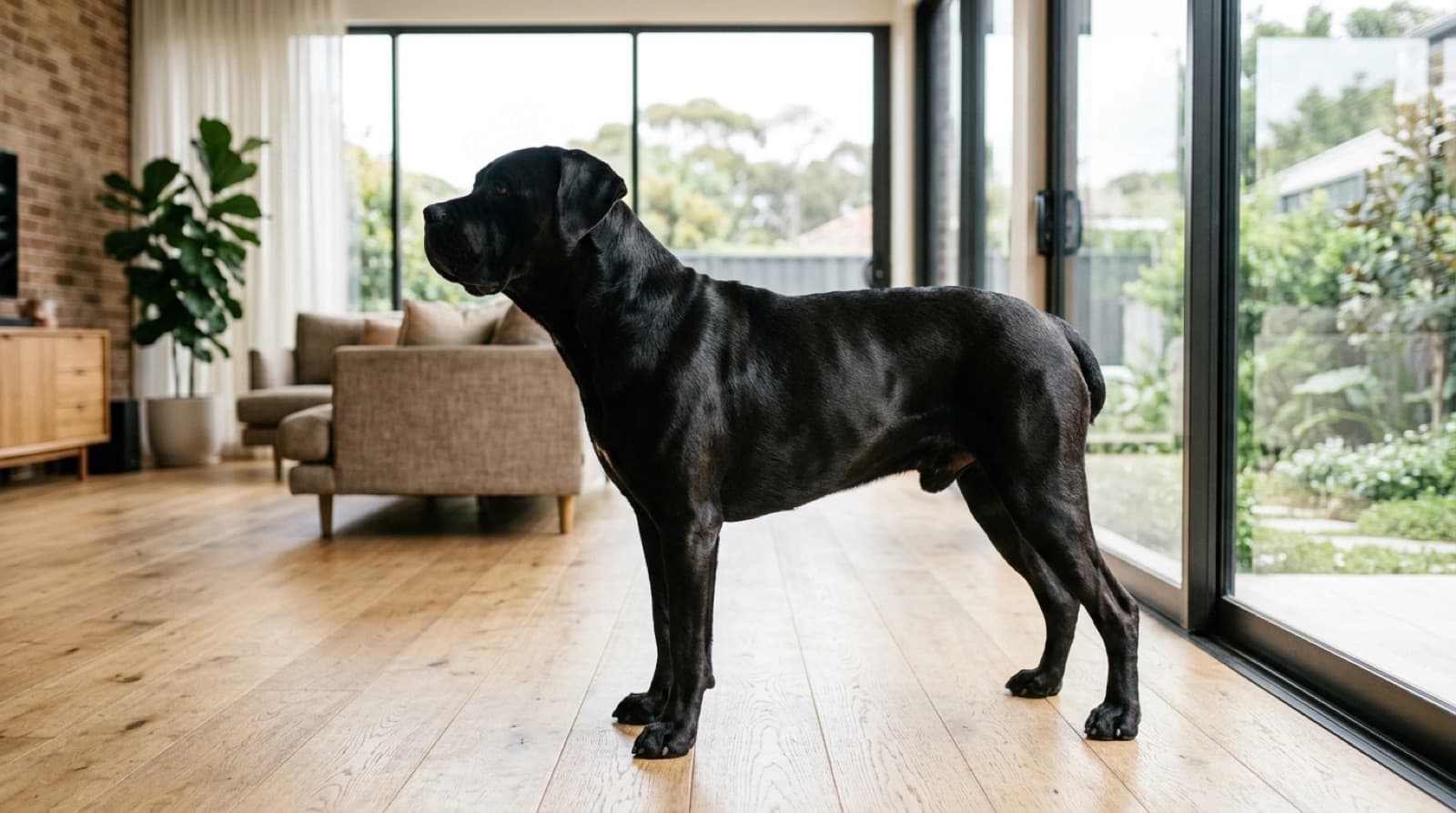 A large, healthy black Cane Corso standing calmly beside its owner on grass in a sunny Sydney park, a powerful deep-chested guardian breed whose joints and deep chest are the key health risks to watch