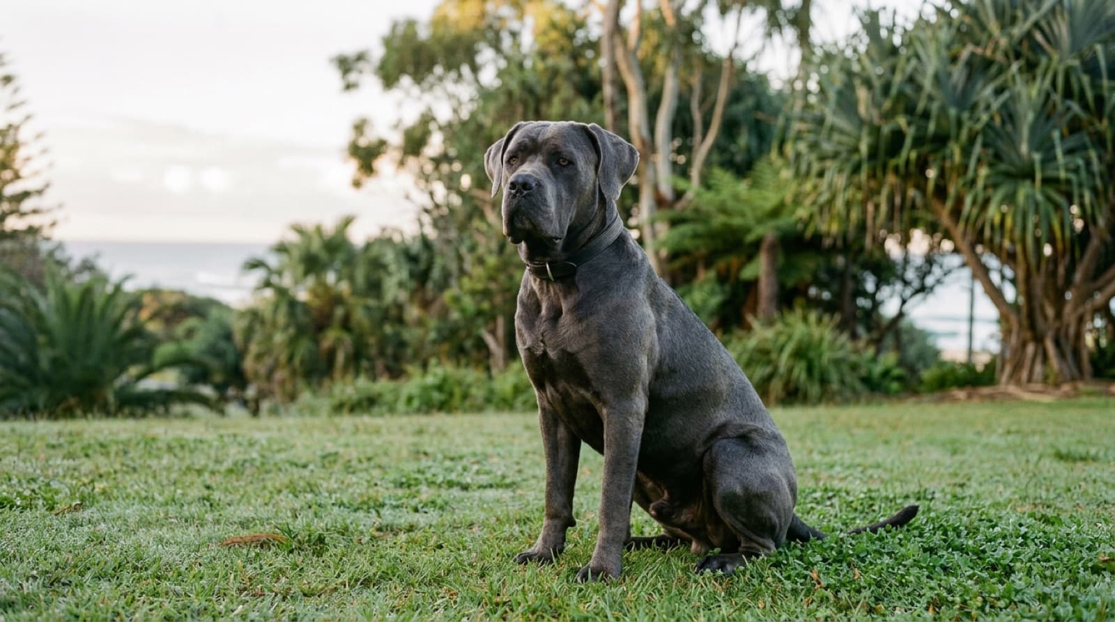 A large grey Cane Corso sitting calmly on lead beside its owner on the grass at a Gold Coast park in the cool morning light, alert and steady, showing the composed temperament of a well-raised guardian breed