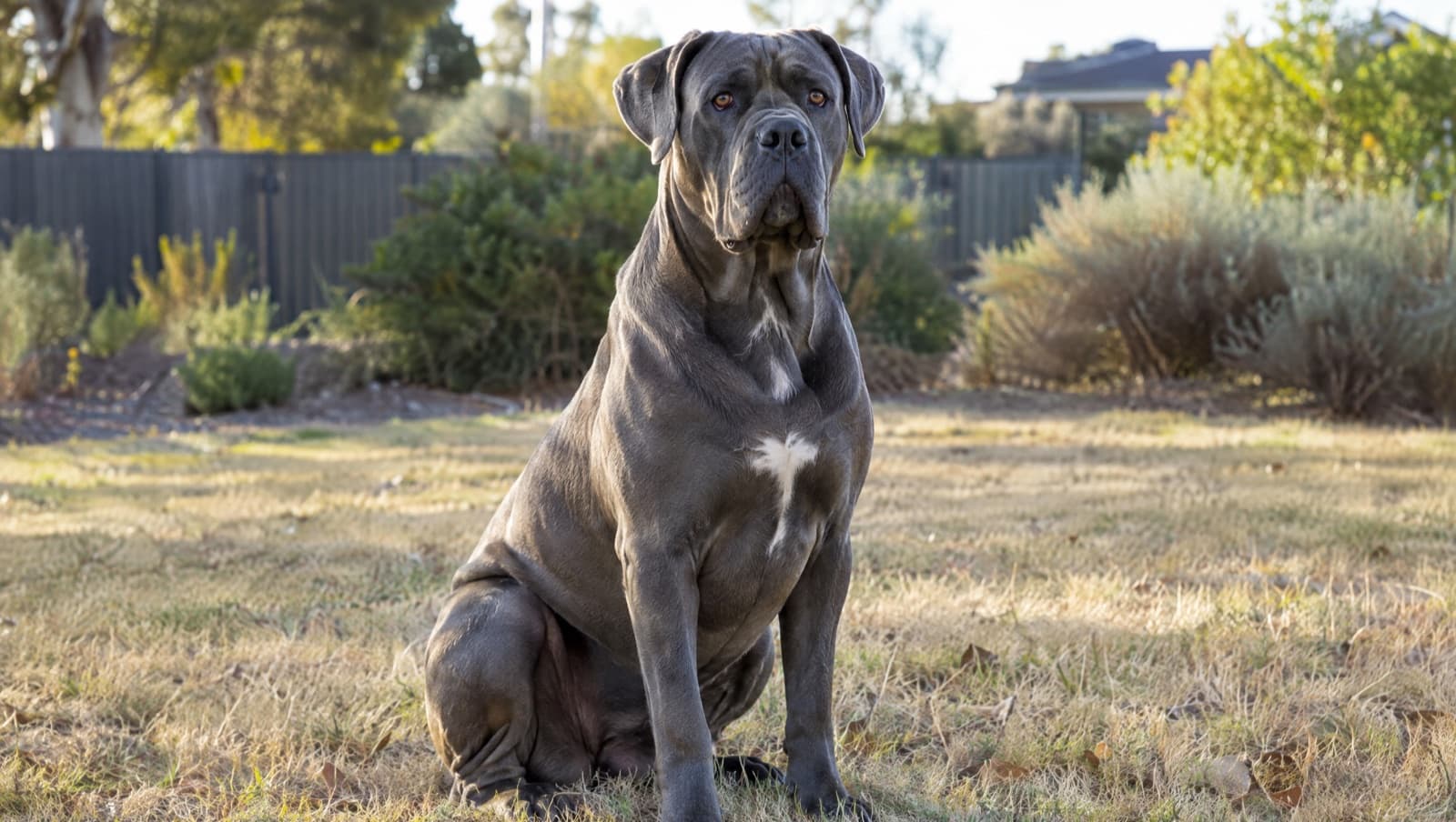 A large grey Cane Corso with natural ears sitting calmly on lead beside its owner on dry grass at a Perth park in the cool morning light, alert and steady, showing the composed temperament of a well-raised guardian breed