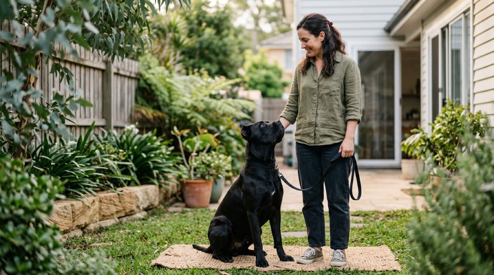 A large grey Cane Corso sitting calmly on lead beside its owner on the grass at a Sydney park in the cool morning light, alert and steady, showing the composed temperament of a well-raised guardian breed