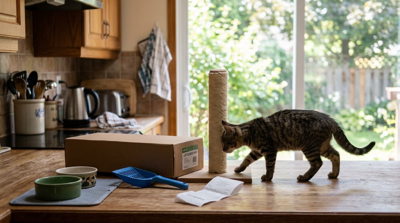 A rescue tabby cat exploring a scratching post, food bowls and new supplies in a Brisbane home, representing the adoption fee, setup gear and yearly costs of owning a cat in Queensland