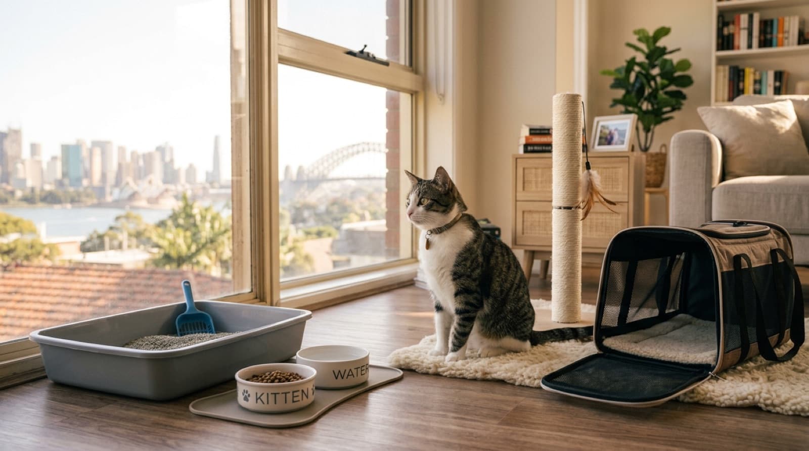 A rescue cat resting beside a scratching post and food bowls in a Brisbane home, representing the adoption fee, setup gear and yearly costs of owning a cat in Queensland
