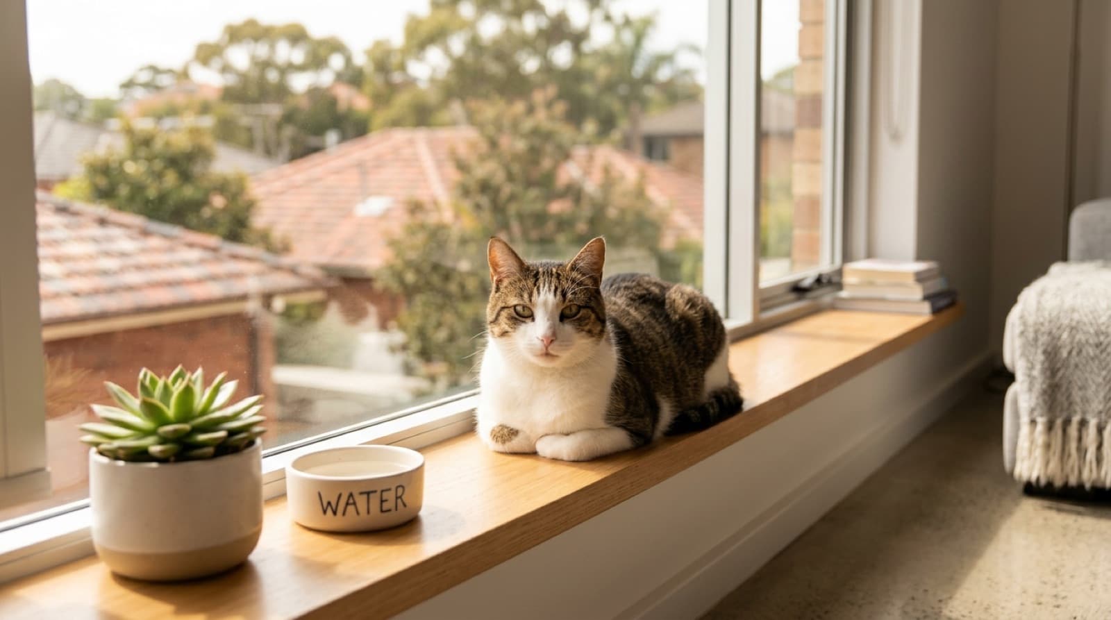 A relaxed rescue cat sitting on a sunlit windowsill in a Melbourne home, representing the many adult cats and kittens available for adoption across Melbourne and Victorian rescues