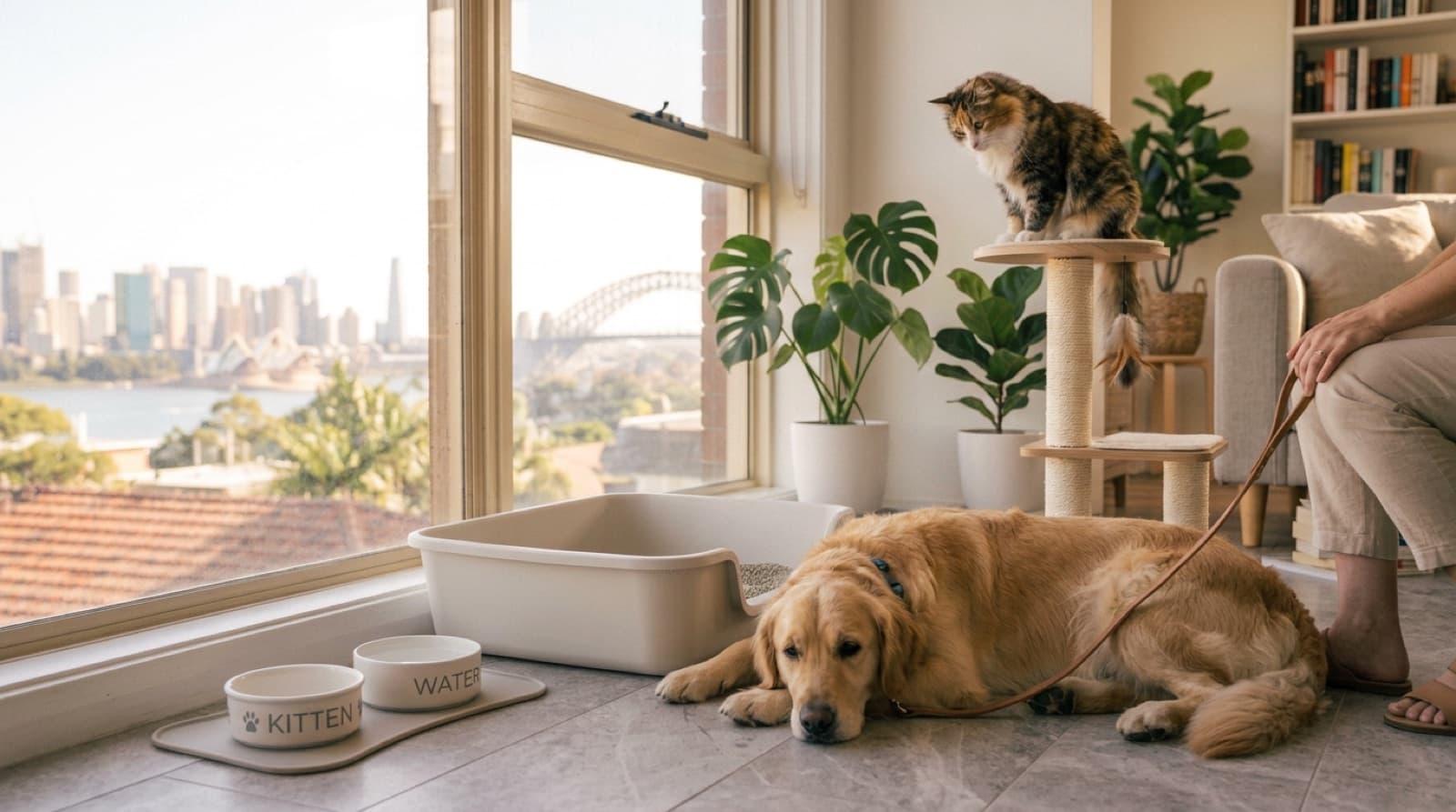 A calm dog on a loose lead sitting beside a relaxed cat perched on a cat tree in a Sydney living room, showing a safe staged introduction between a cat and a dog