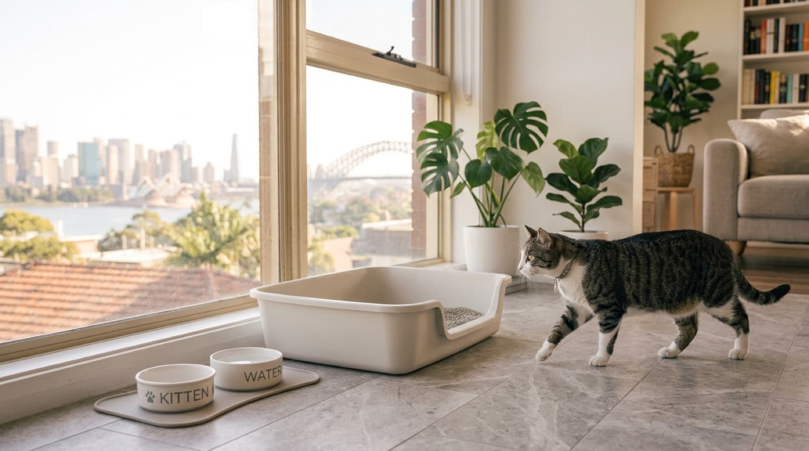 A tabby cat standing beside a large uncovered litter tray in a quiet corner of a Sydney home, illustrating the setup that helps prevent toileting problems