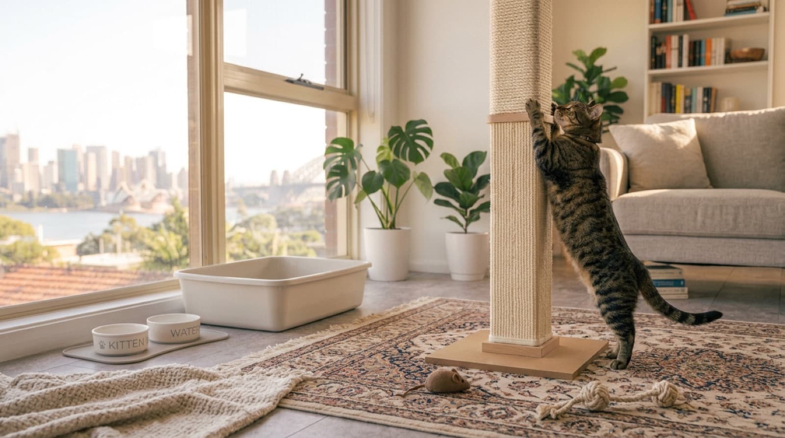 A rescue cat stretching up to scratch a tall sisal scratching post beside a couch in a sunlit Sydney living room, showing how a good post redirects scratching away from furniture