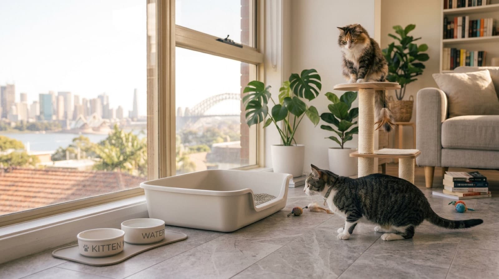 Two cats meeting cautiously either side of a slightly open door in a Sydney home, illustrating the slow, staged method of introducing a new cat to a resident cat