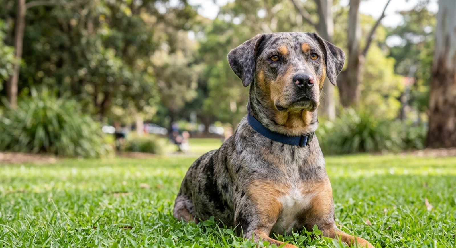 A merle-coated Catahoula Leopard Dog standing alert in a shaded Sydney park, an athletic working breed whose health hinges on the merle deafness link and managing heat