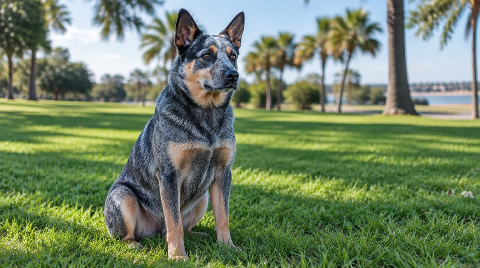 A blue Australian Cattle Dog sitting alert on green grass in a sunny Gold Coast park, representing the rescue heelers available for adoption across Queensland