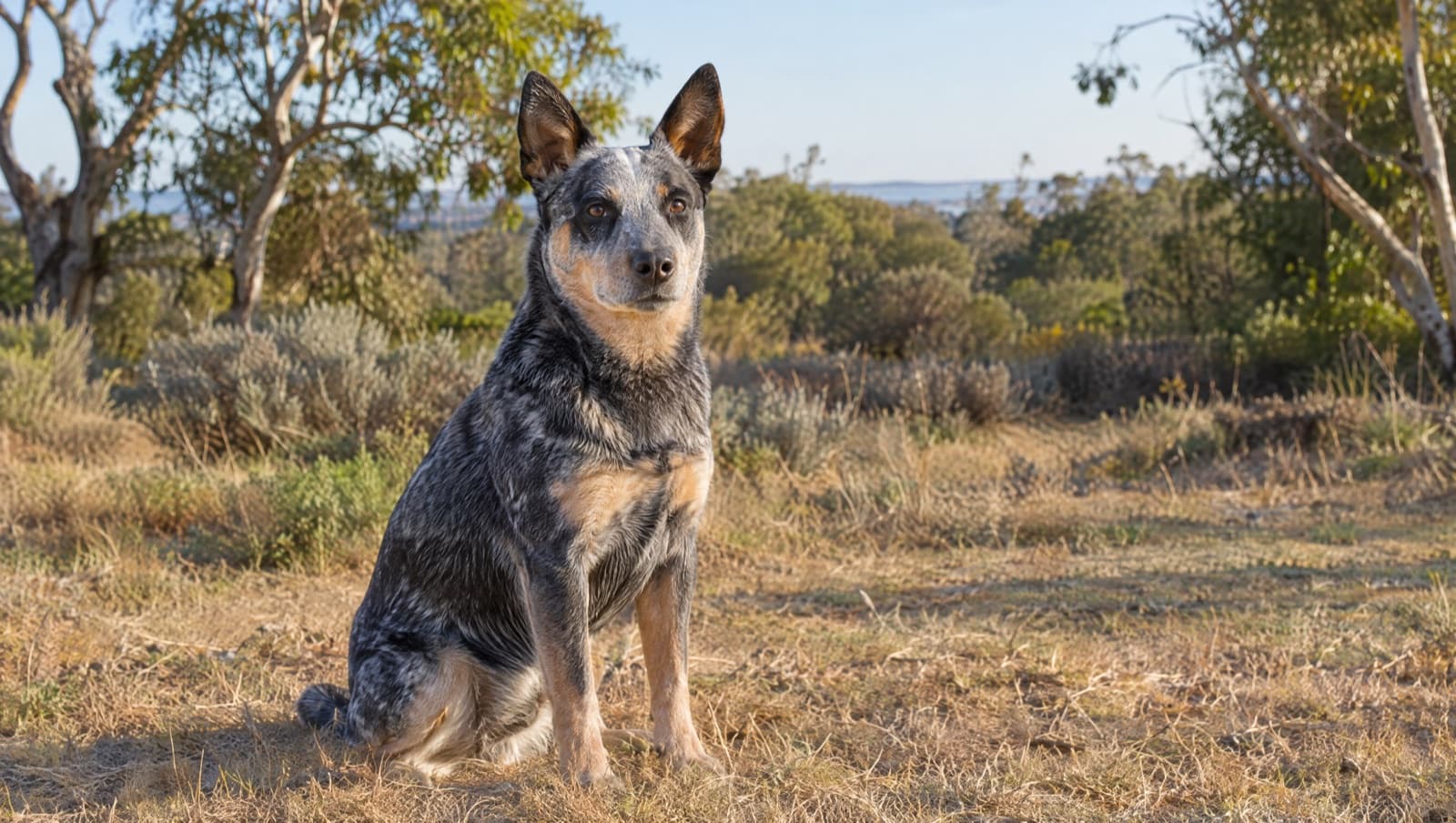 A blue Australian Cattle Dog sitting alert on dry golden grass in a sunny Perth park, representing the rescue heelers available for adoption across Western Australia