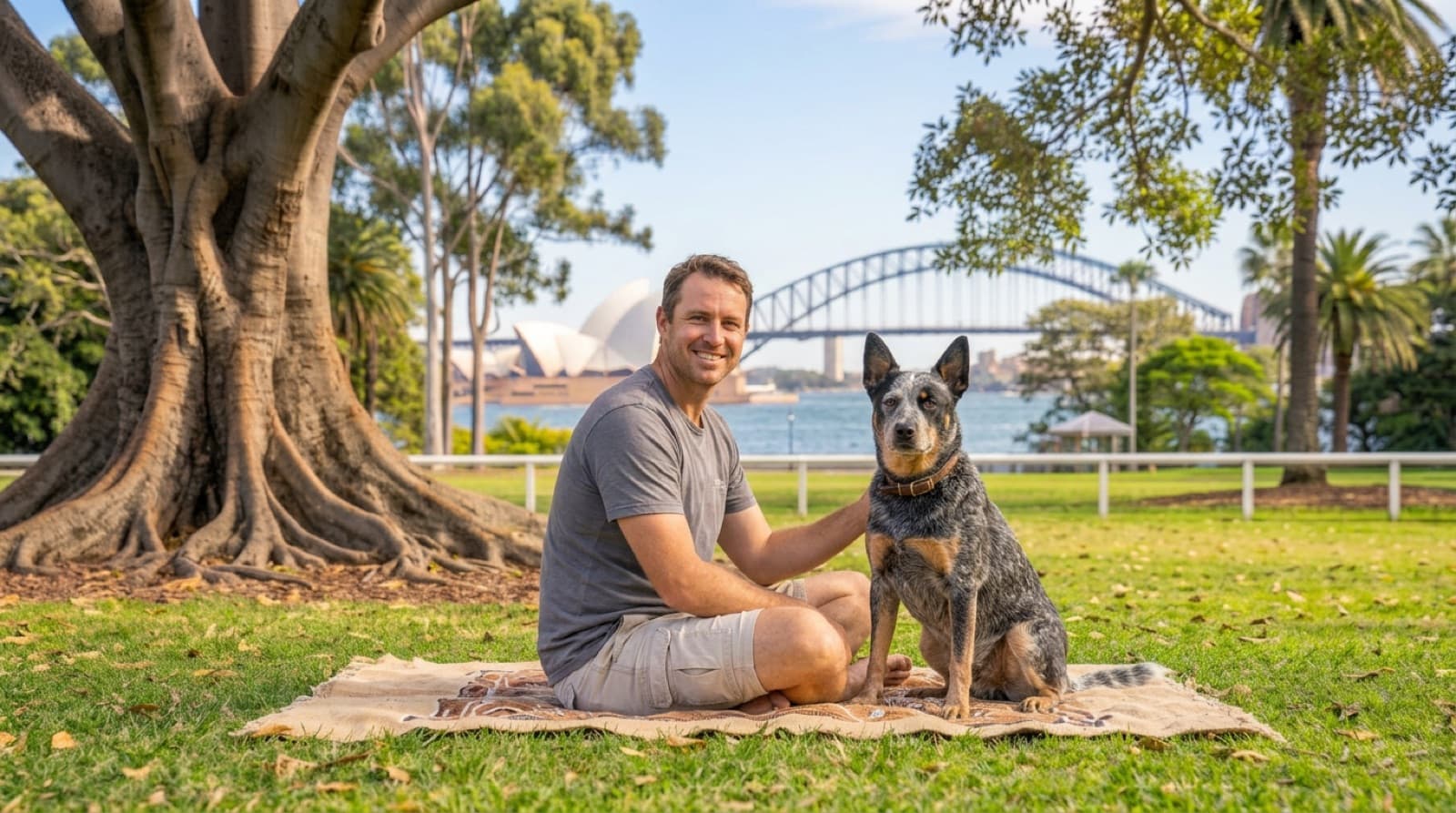 A blue Australian Cattle Dog sitting alert on a Sydney park lawn, representing the rescue Cattle Dogs available for adoption across NSW