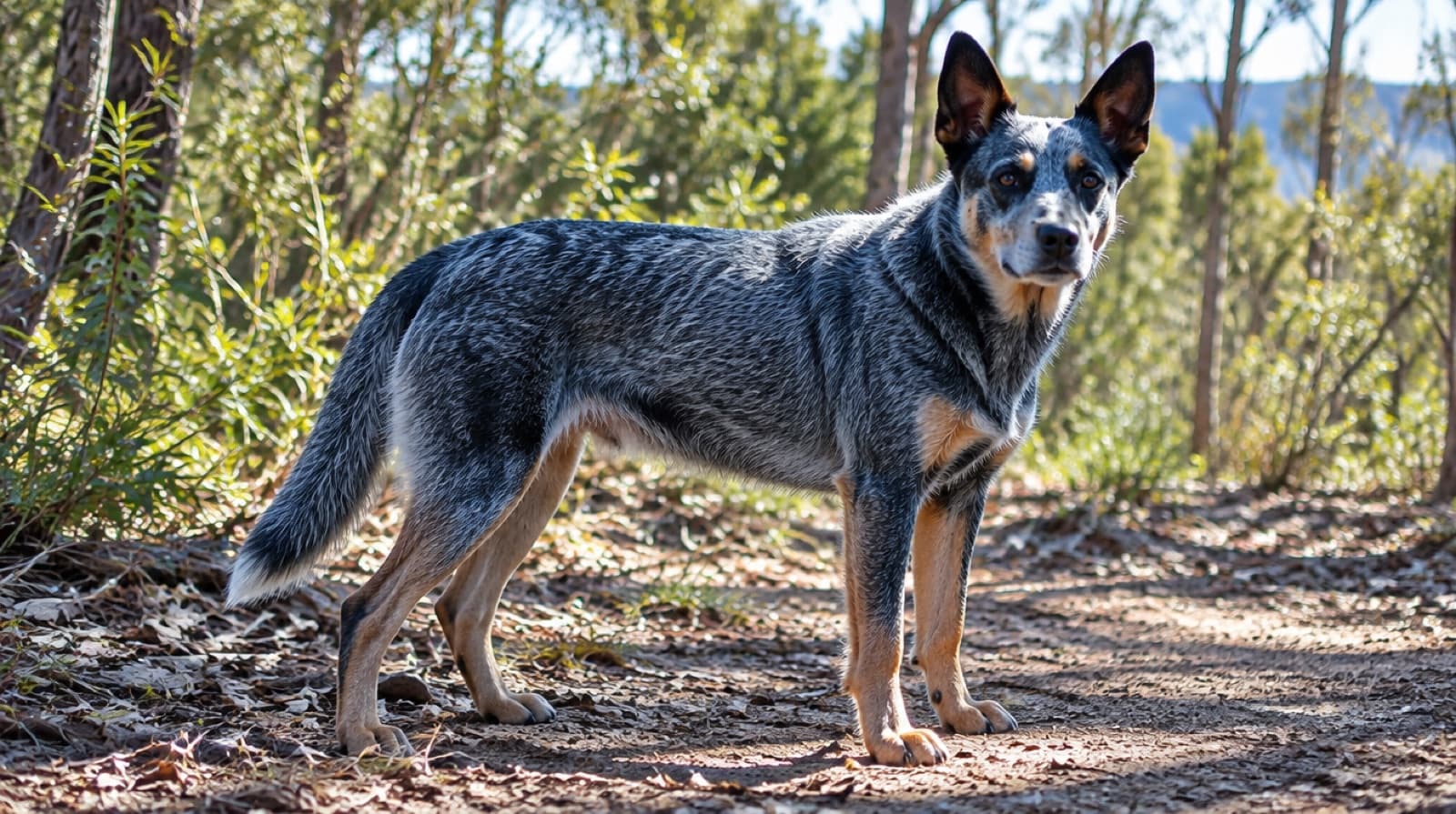 A healthy blue Australian Cattle Dog standing on a sunny Gold Coast bush trail, illustrating the breed health topics rescue adopters in Queensland should understand