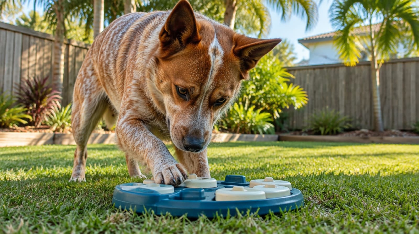 A red Australian Cattle Dog concentrating on a task in a Gold Coast backyard, illustrating jobs and mental stimulation for the working breed