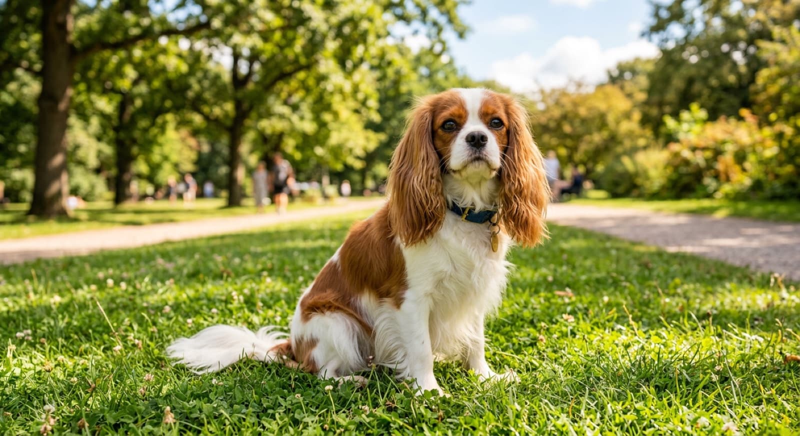 A gentle Blenheim (chestnut and white) Cavalier King Charles Spaniel with long silky ears sitting calmly on a sunny lawn in a Brisbane park, representing the affectionate companion dogs occasionally available for adoption across Queensland rescues