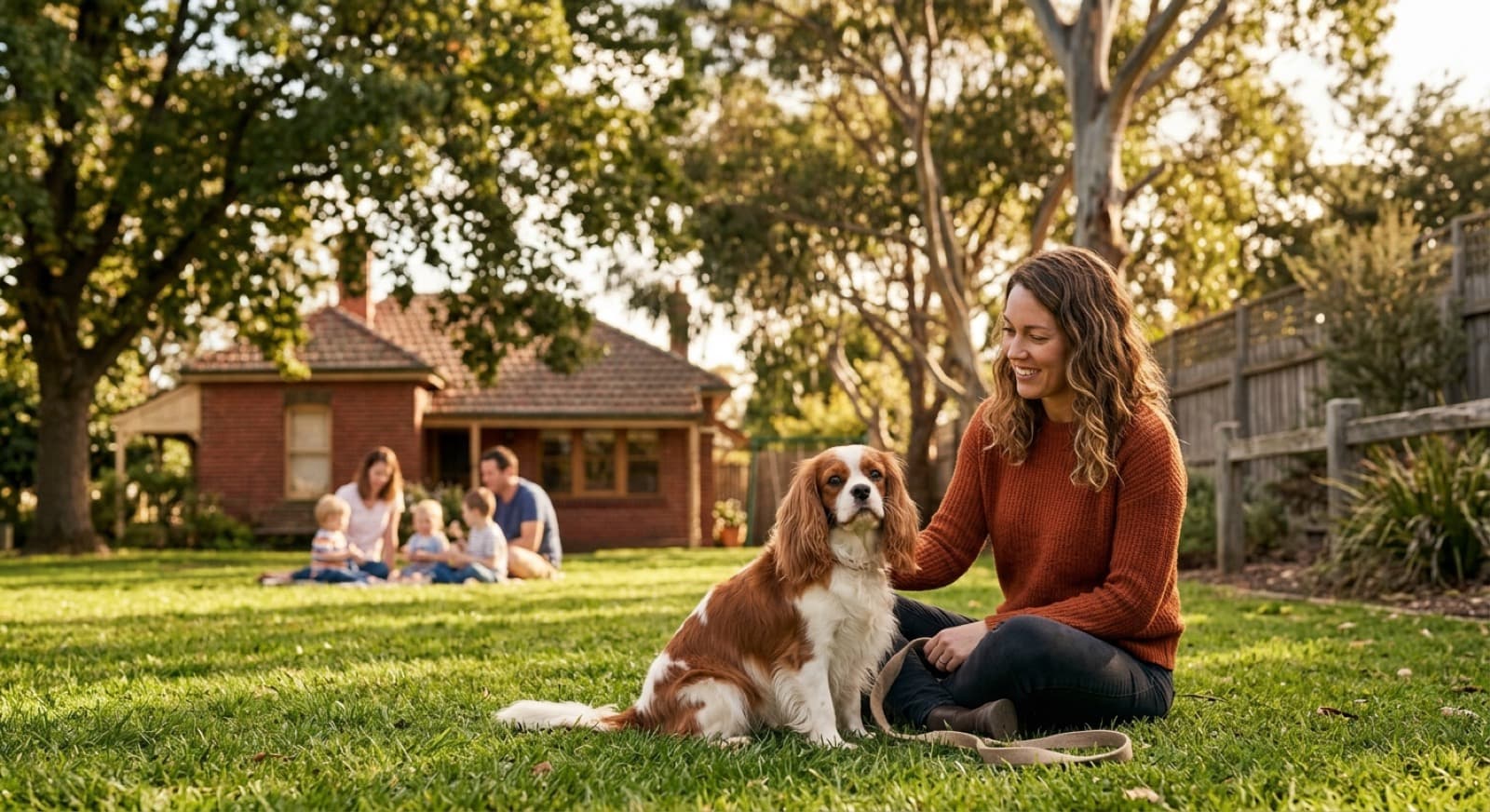 A gentle Blenheim (chestnut and white) Cavalier King Charles Spaniel with long silky ears sitting calmly on a sunny lawn in a Melbourne park, representing the affectionate companion dogs occasionally available for adoption across Melbourne and Victorian rescues