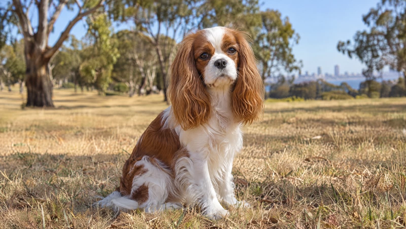 A gentle Blenheim (chestnut and white) Cavalier King Charles Spaniel with long silky ears sitting calmly on dry golden grass in a sunny Perth park, representing the affectionate companion dogs occasionally available for adoption across Western Australian rescues