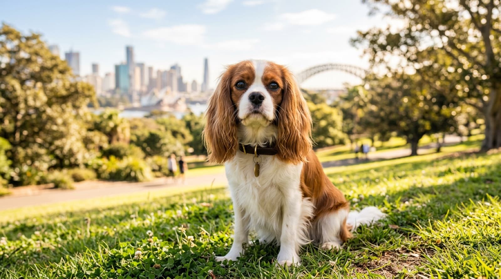 A gentle Blenheim (chestnut and white) Cavalier King Charles Spaniel with long silky ears sitting calmly on a sunny lawn in a Sydney park, representing the affectionate companion dogs occasionally available for adoption across Sydney and NSW rescues