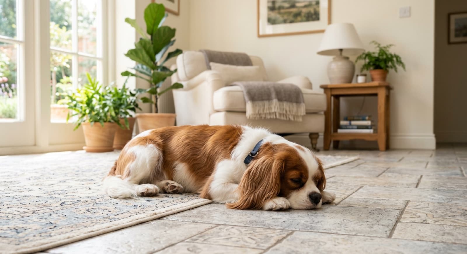 A calm adult Cavalier King Charles Spaniel resting indoors in a bright Australian home, representing good long-term health management of the breed in Brisbane