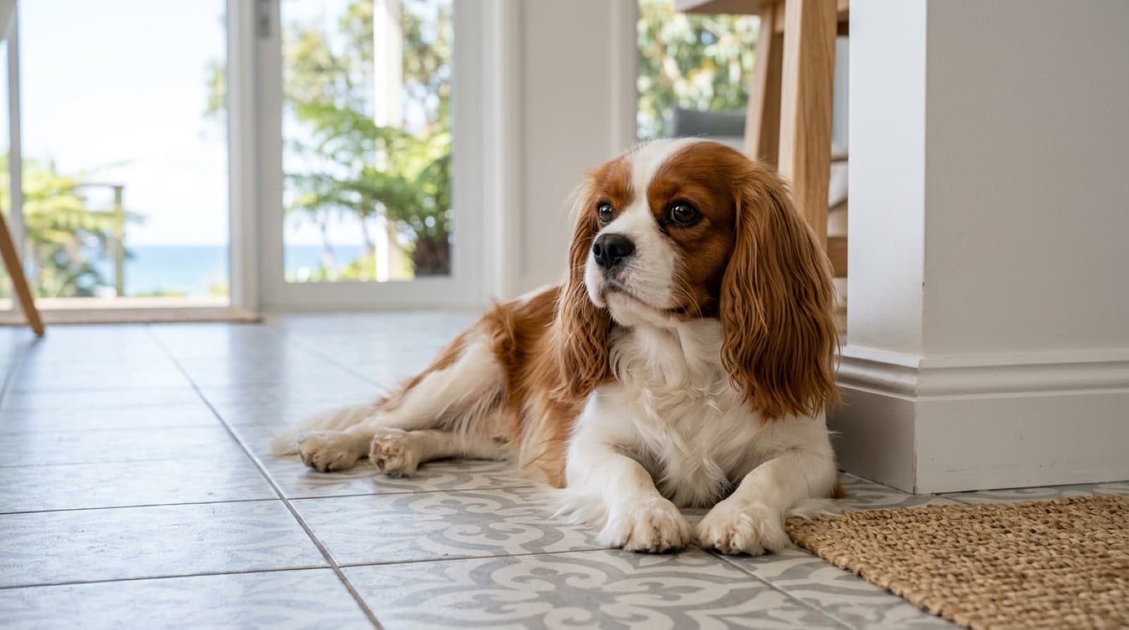 A calm adult Cavalier King Charles Spaniel resting indoors in a bright Australian home, representing good long-term health management of the breed on the Gold Coast