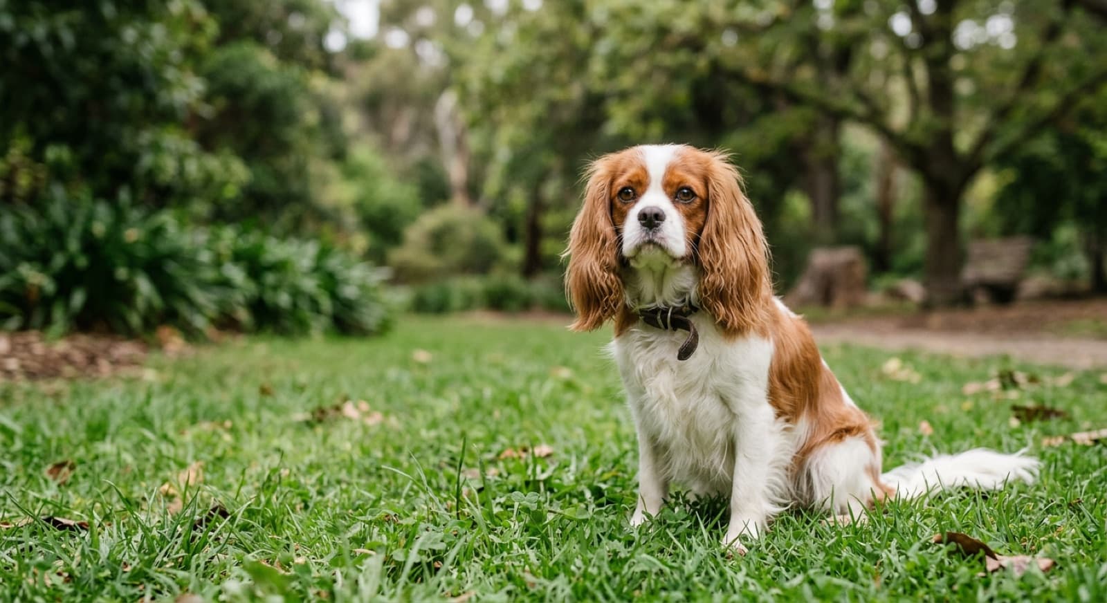 A gentle Blenheim (chestnut-and-white) Cavalier King Charles Spaniel sitting calmly on grass in a Melbourne park, a loving breed for which heart monitoring is central to a long, comfortable life
