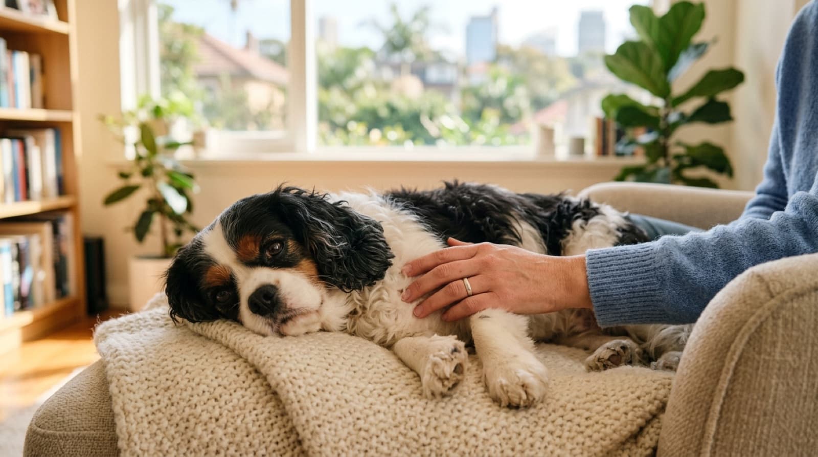 A gentle Blenheim (chestnut-and-white) Cavalier King Charles Spaniel sitting calmly on grass in a sunny Sydney park, a loving breed for which heart monitoring is central to a long, comfortable life