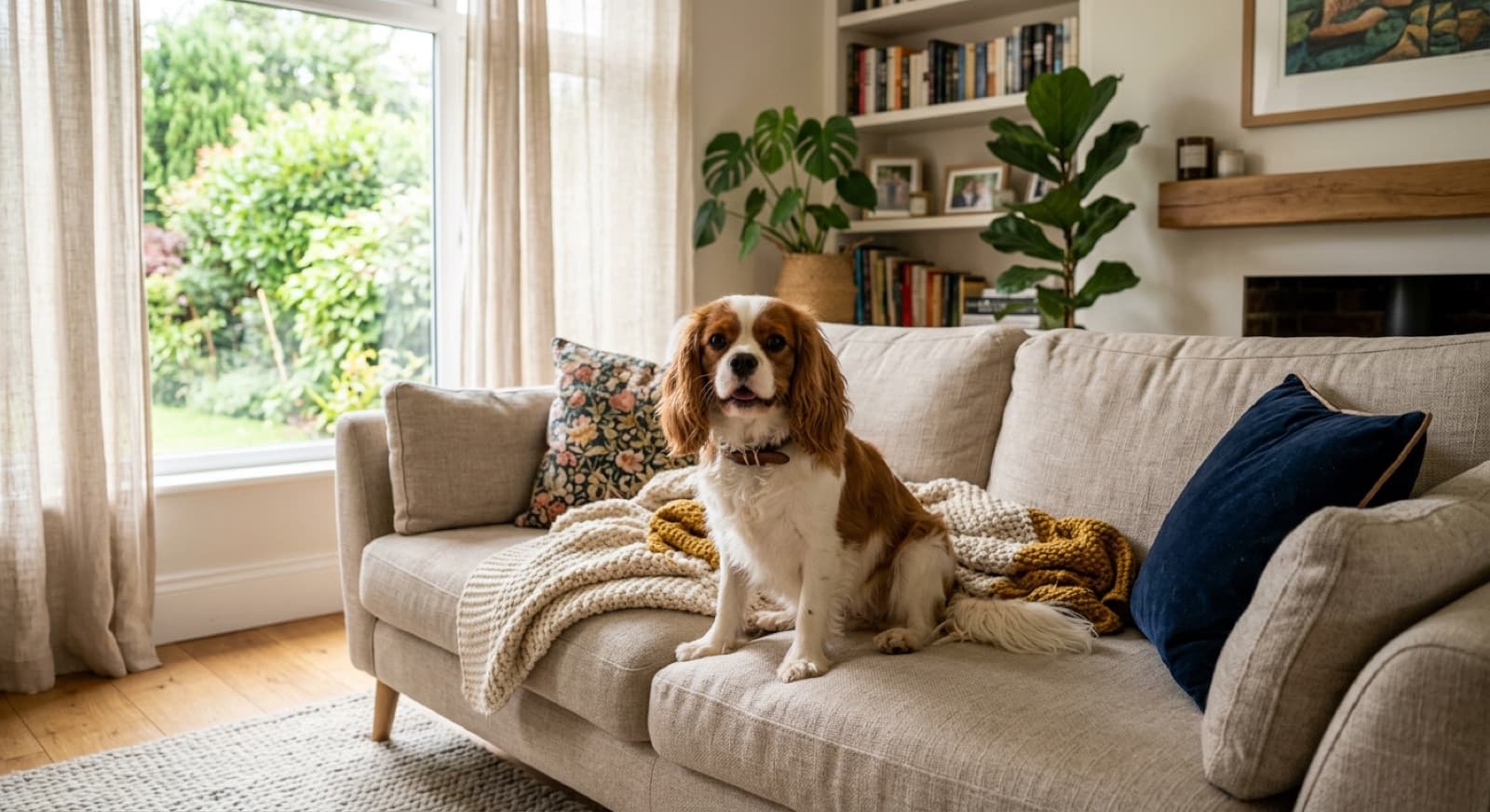 A Cavalier King Charles Spaniel sitting close to its owner on a couch in a bright Australian home, representing the gentle, people-focused companion temperament of the breed