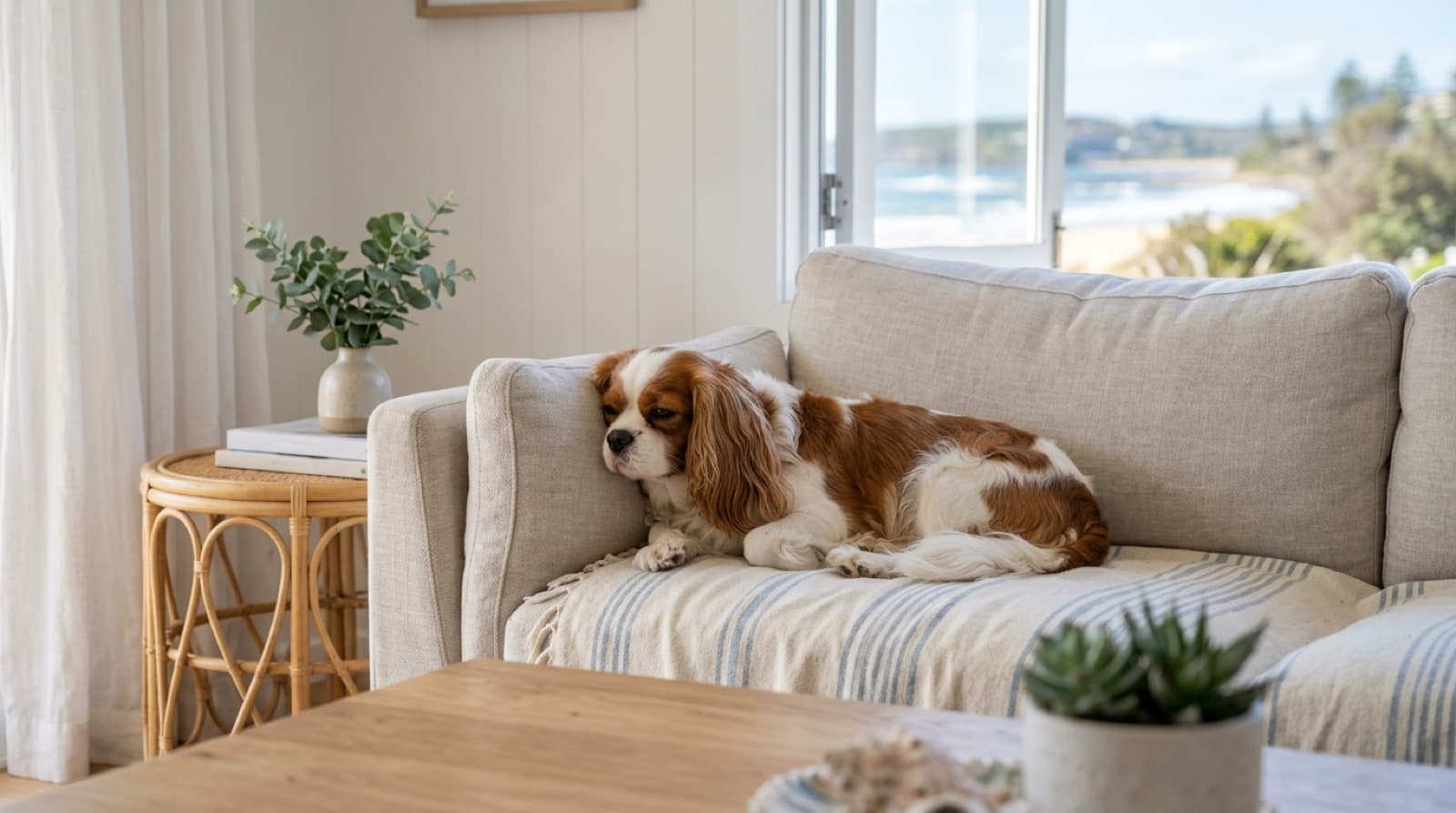 A Cavalier King Charles Spaniel sitting close to its owner on a couch in a bright Australian home, representing the gentle, people-focused companion temperament of the breed