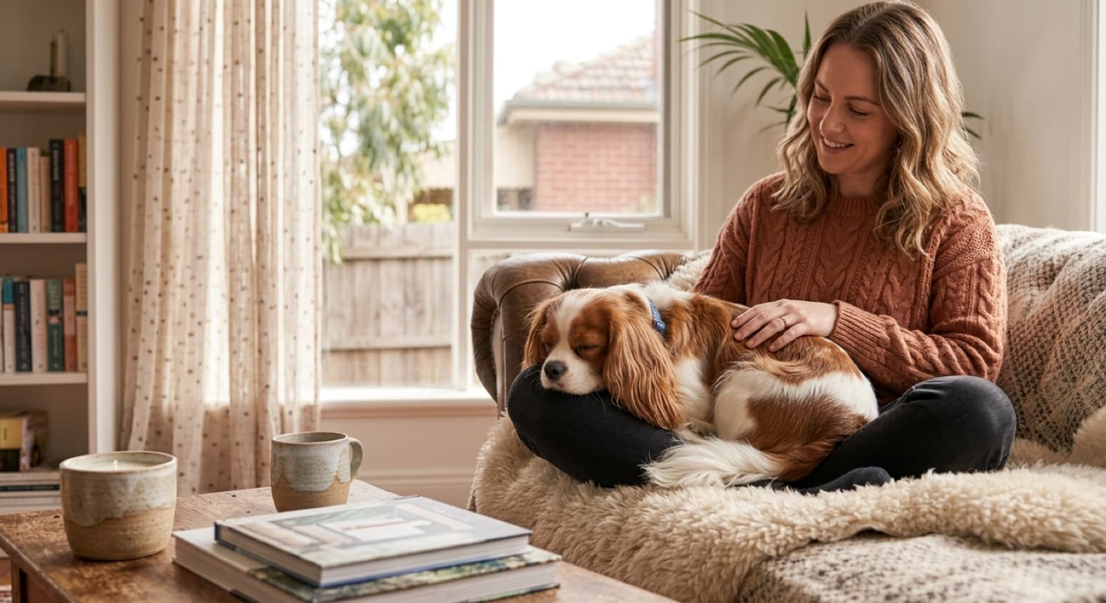 A gentle Blenheim Cavalier King Charles Spaniel with long feathered ears resting contentedly on its owner's lap at home, showing the affectionate velcro temperament that suits families, units and seniors in Melbourne