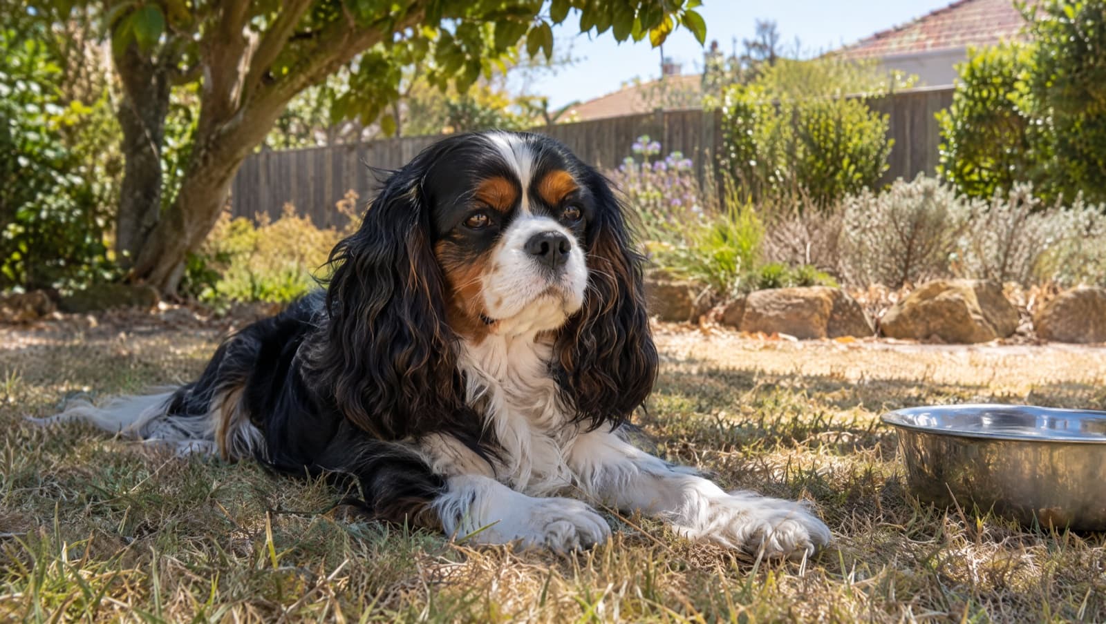 A tricolour Cavalier King Charles Spaniel resting in the shade on dry golden grass in a sunny Perth backyard, representing the gentle, people-focused companion temperament of the breed
