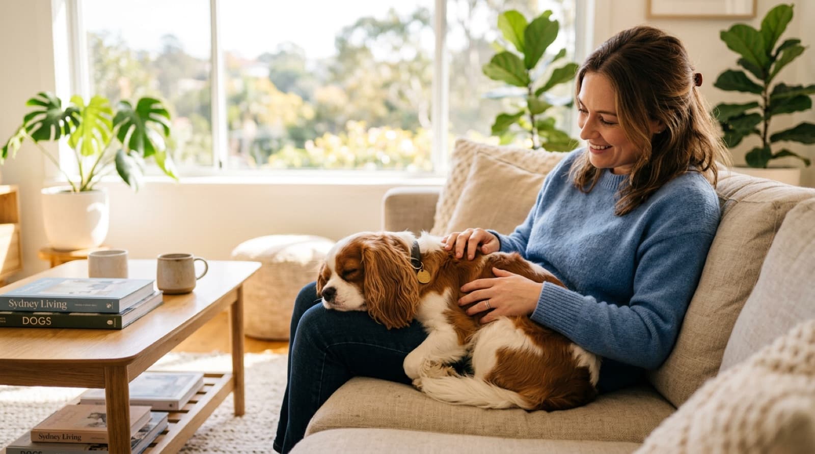 A gentle Blenheim Cavalier King Charles Spaniel with long feathered ears resting contentedly on its owner's lap at home, showing the affectionate velcro temperament that suits families, apartments and seniors in Sydney