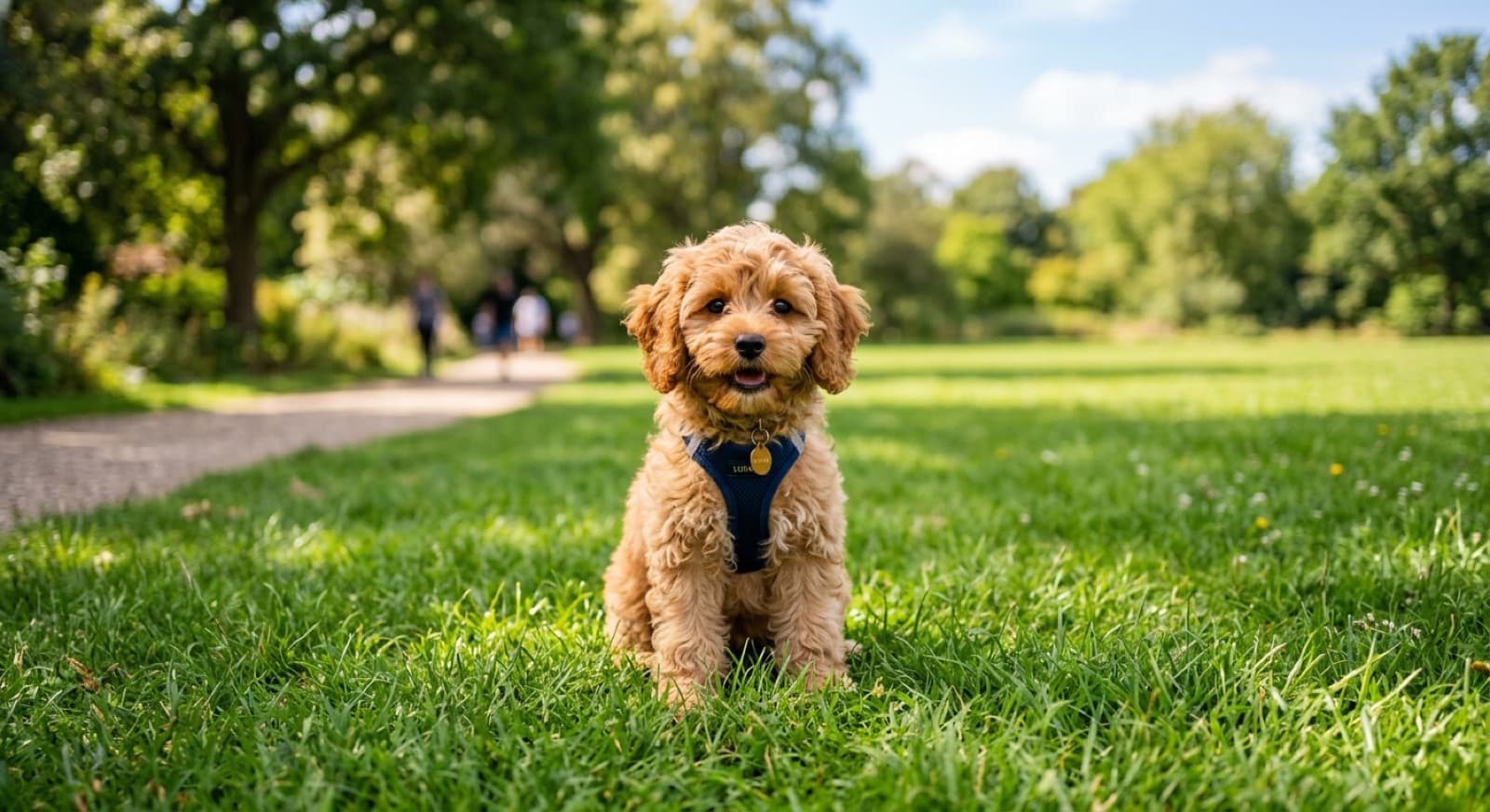 A small apricot Cavoodle sitting on green grass in a sunny Brisbane park, representing the rescue Cavoodles and Poodle crosses available for adoption across Queensland