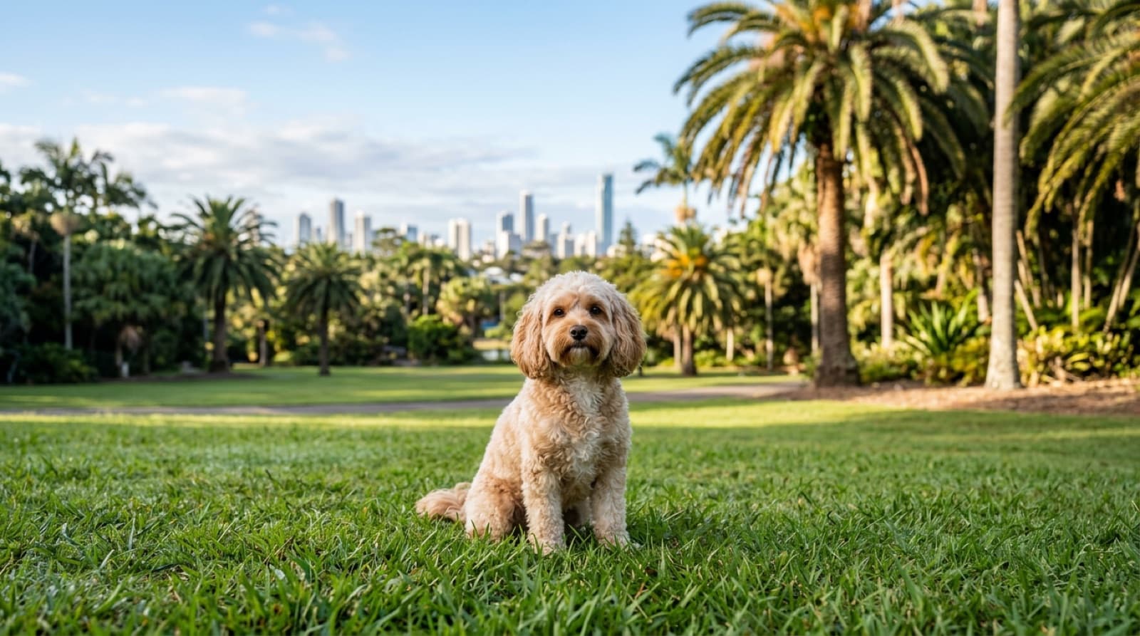 A small apricot Cavoodle sitting on green grass in a sunny Gold Coast park, representing the rescue Cavoodles and Poodle crosses available for adoption across Queensland