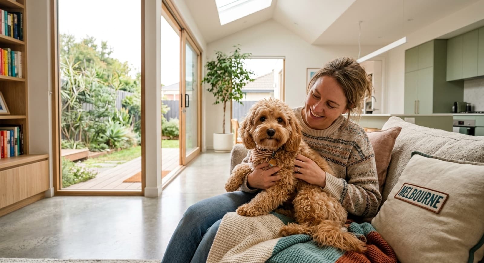 A small apricot Cavoodle sitting on a sunny Melbourne park lawn, representing the rescue Cavoodles and Poodle crosses available for adoption across Victoria