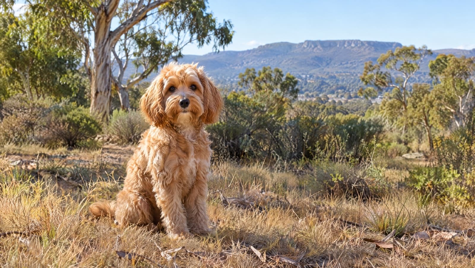 A small apricot Cavoodle sitting on dry golden grass in a sunny Perth park, representing the rescue Cavoodles and Poodle crosses available for adoption across Western Australia