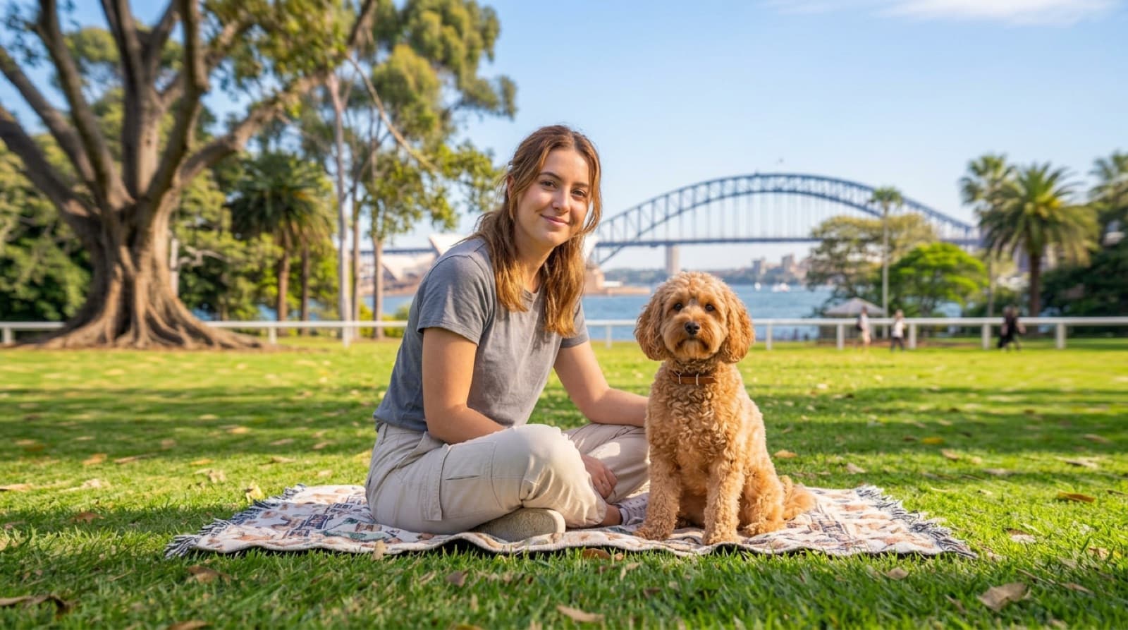 A small apricot Cavoodle sitting on a Sydney park lawn, representing the rescue Cavoodles and crosses available for adoption across NSW