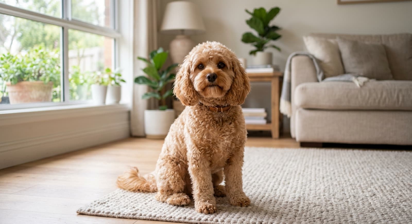 A freshly groomed apricot Cavoodle with a soft curly coat sitting indoors, representing coat care and grooming for the breed in Brisbane