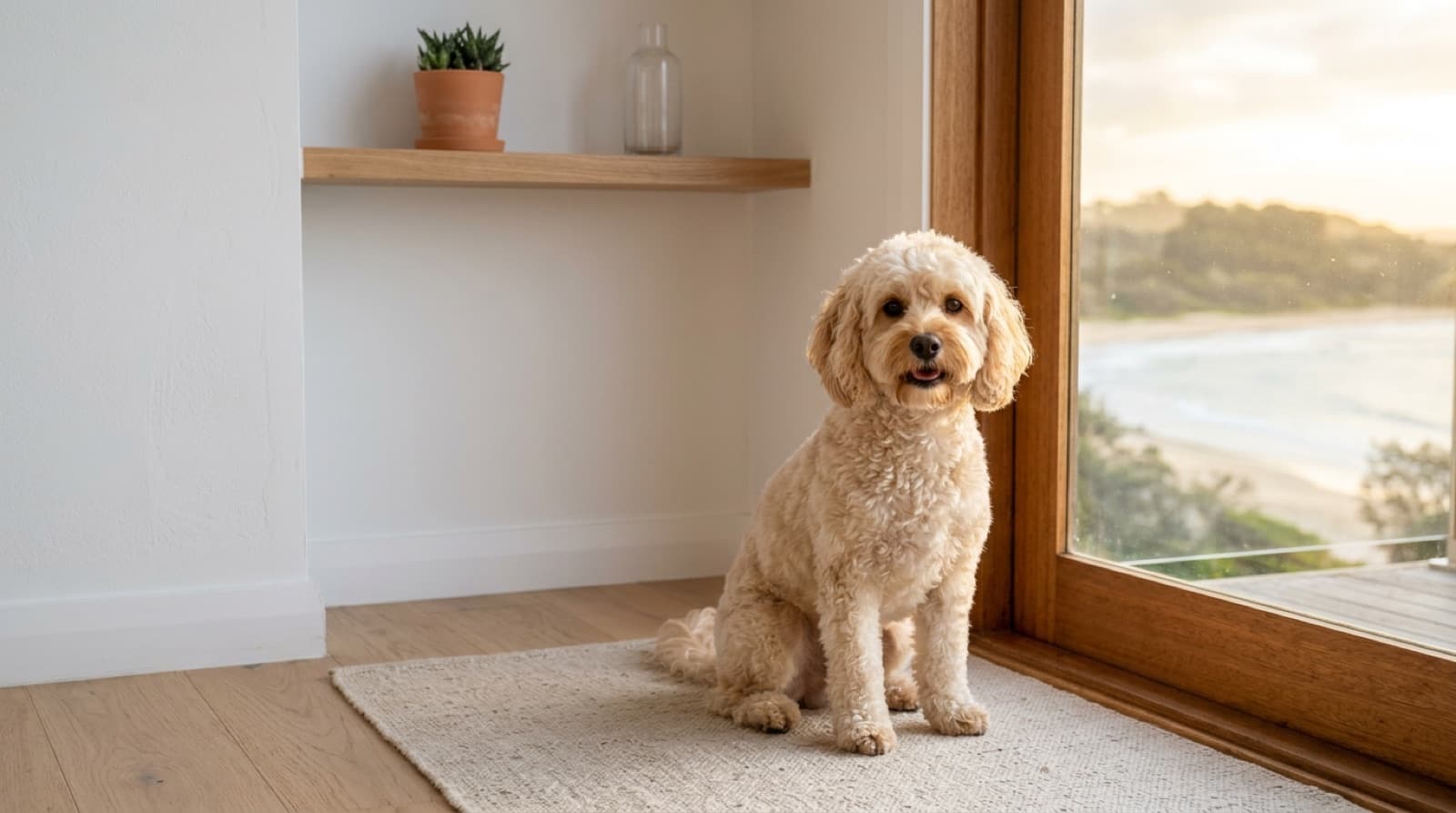 A freshly groomed apricot Cavoodle with a soft curly coat sitting indoors, representing coat care and grooming for the breed on the Gold Coast
