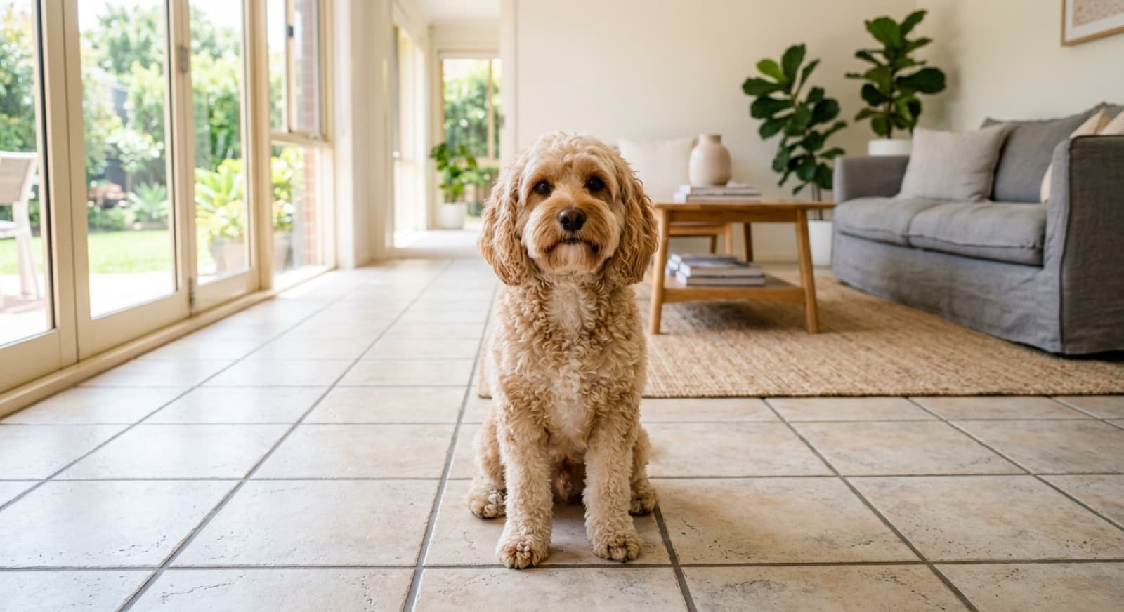 A healthy adult Cavoodle sitting calmly indoors in a bright Australian home, representing good long-term health management of the breed in Brisbane