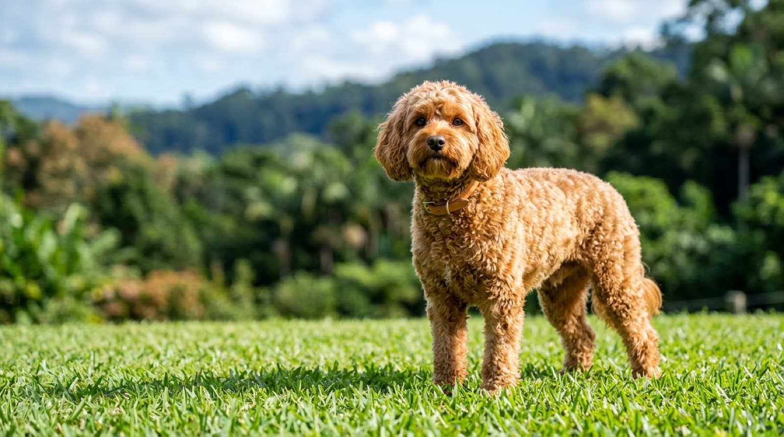 A healthy adult Cavoodle sitting calmly indoors in a bright Australian home, representing good long-term health management of the breed on the Gold Coast