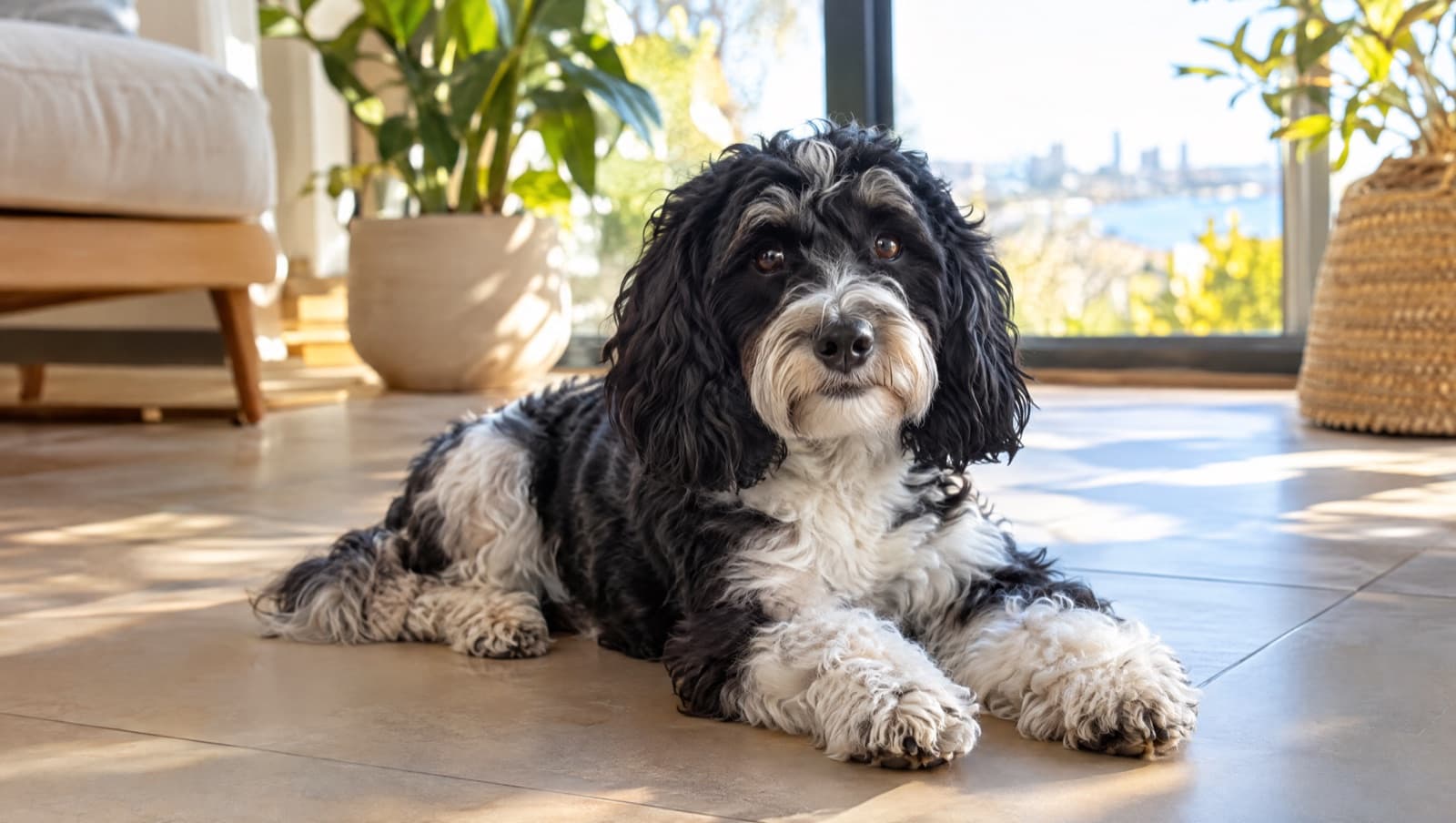 A healthy adult Cavoodle sitting calmly in a bright Perth home with warm Mediterranean light, representing good long-term health management of the breed in Western Australia