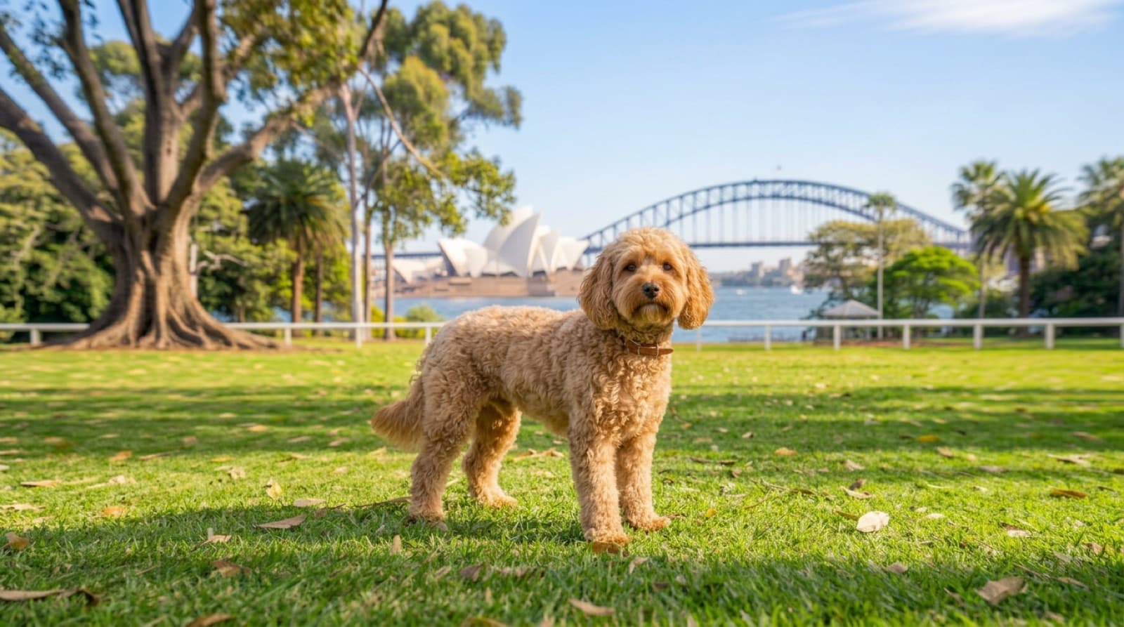 A healthy Cavoodle sitting on a Sydney lawn, illustrating the breed health issues rescue adopters should plan for