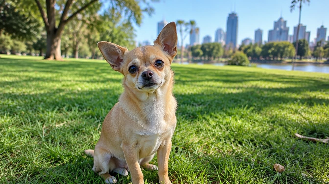 A small tan Chihuahua sitting alert on golden grass in a sunny Perth park, representing the Chihuahuas and Chihuahua crosses available for adoption across Perth and Western Australian rescues