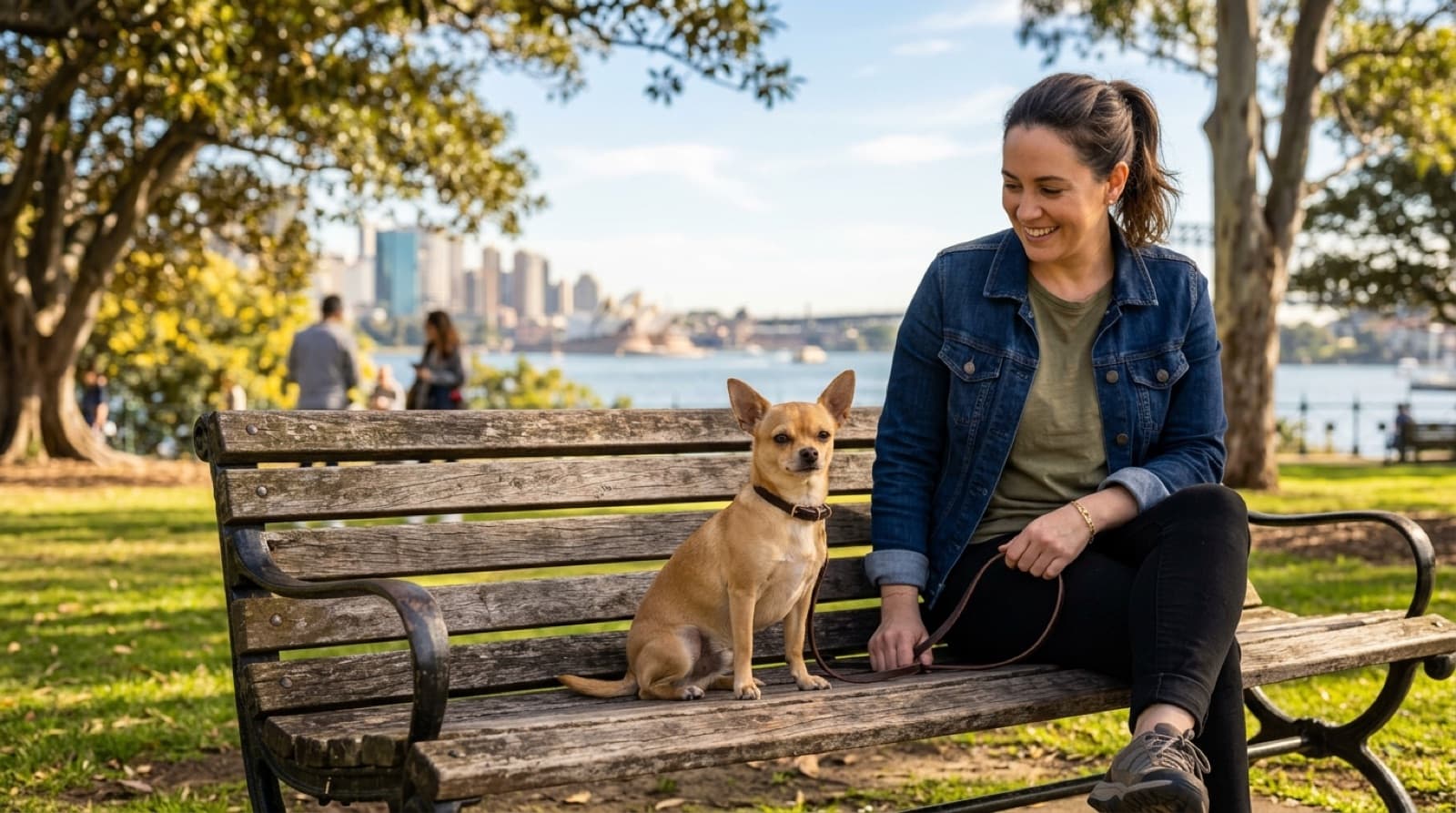 A small tan Chihuahua sitting alertly on a sunny park bench in Sydney beside its owner, representing the many tiny rescue dogs available for adoption across NSW