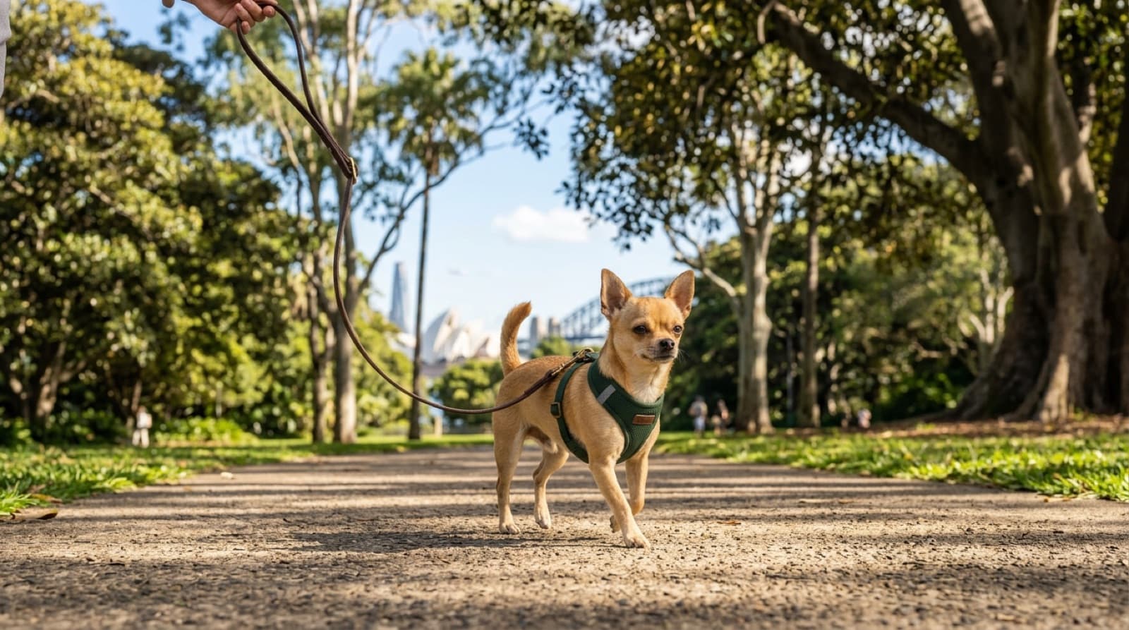 A confident small tan Chihuahua walking on a harness and lead on its own four legs along a Sydney park path, illustrating proper socialisation rather than being carried