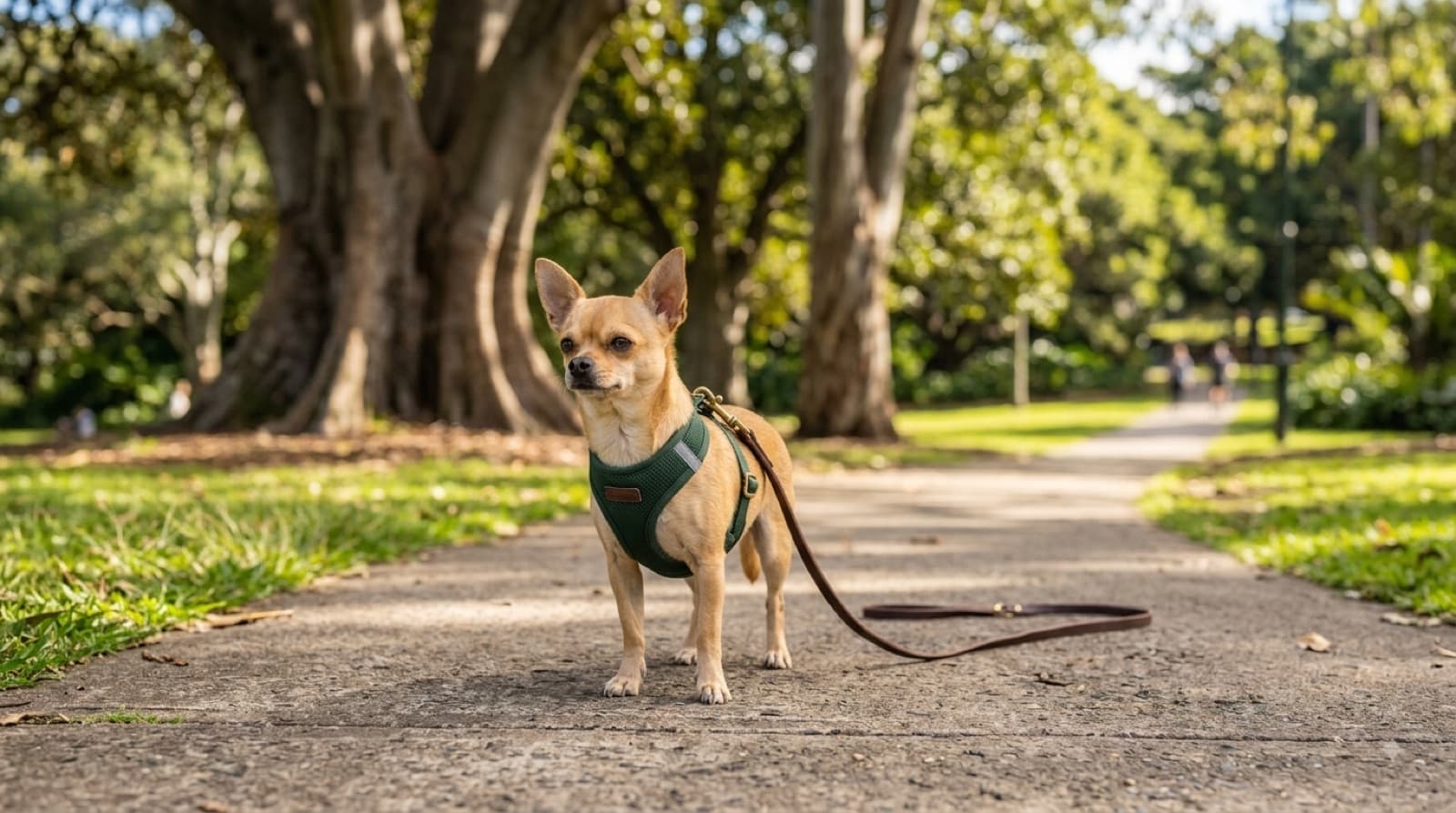 A small tan Chihuahua wearing a well-fitted harness on a walk in a Sydney park, illustrating the harness rule that protects the breed's delicate trachea