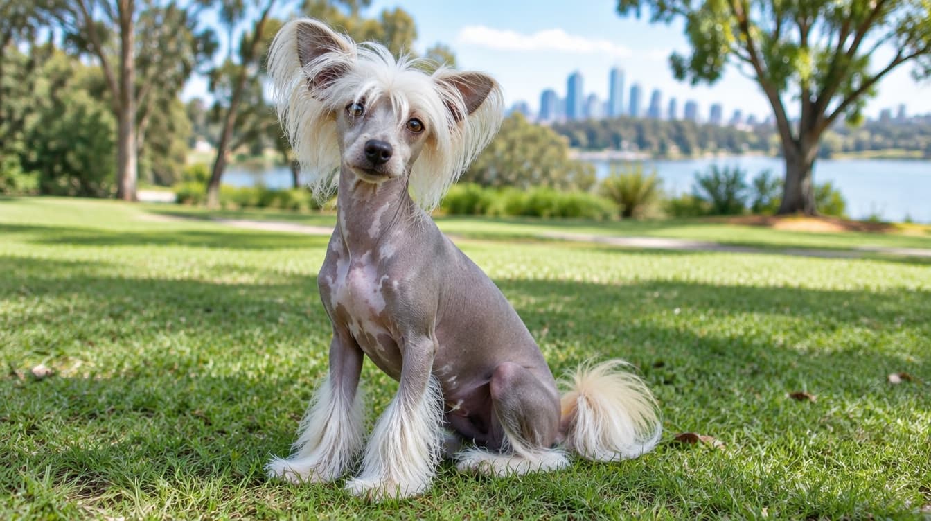 A small hairless Chinese Crested dog with soft tufts of hair on its head, feet and tail sitting on grass in a sunny Brisbane park, representing the affectionate companion dogs available for adoption across Brisbane and Queensland rescues